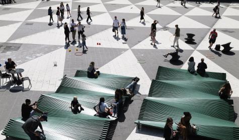 Benches at the Sergels Torg public square in Stockholm, Sweden on July 5, 2023. 