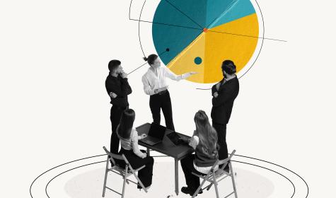 A person presents to several other coworkers