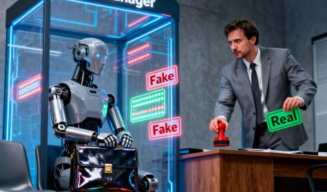 A robot sitting down for an interview with HR