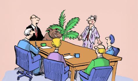 An office meeting where everyone is staring at a colleague that looks like they have been through a lot