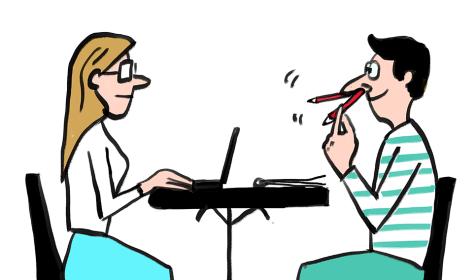 Cartoon of two coworkers sitting across from one another, one sitting up straight and looking professional, the other making a fool of himself