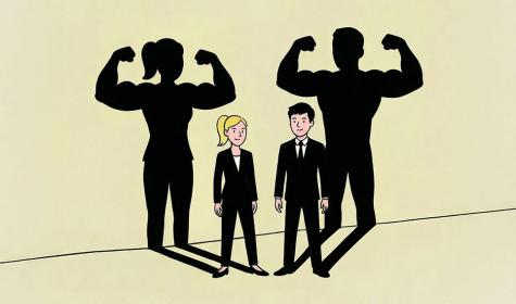 A woman and man stand against a wall, and their shadows flex their strong muscles behind them