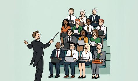  An orchestra conductor stands in front of a business meeting, ready to direct