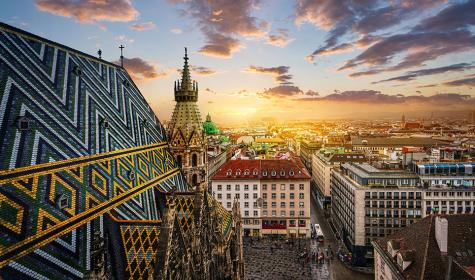 View of Vienna from the roof of St. Stephen's Cathedral, Vienna, Austria. St. Stephen's Cathedral is a symbol and landmark of the city of Vienna.