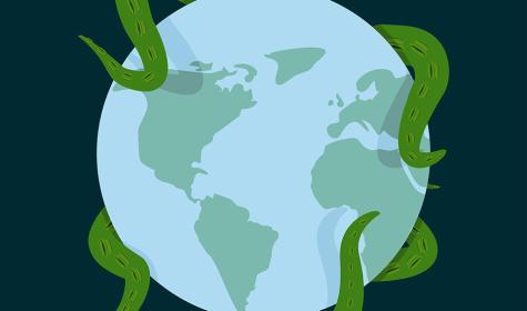 Octopus tentacles wrapped around planet Earth