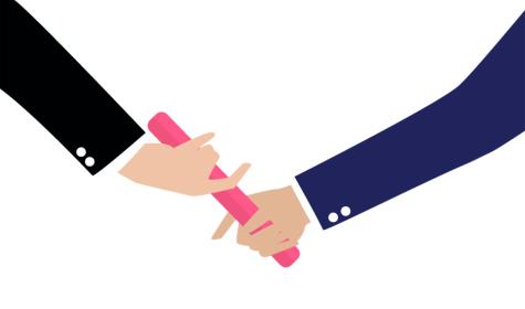 Businessman hand passing the baton in a relay race. Partnership or teamwork concept 