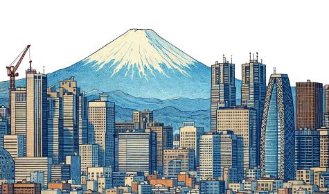 Drawing of Tokyo skyline with Mt. Fuji in background