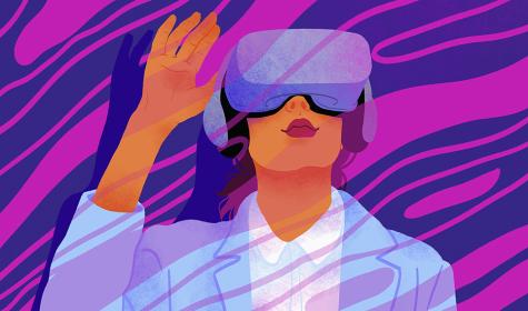 Drawing of a curious businesswoman using a VR headset