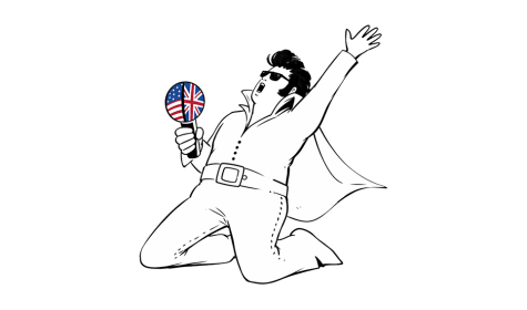 A drawing of Elvis on his knees, singing loudly into a microphone decorated in the US and British flags