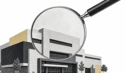 An illustration of a magnifying glass focused in on an office building
